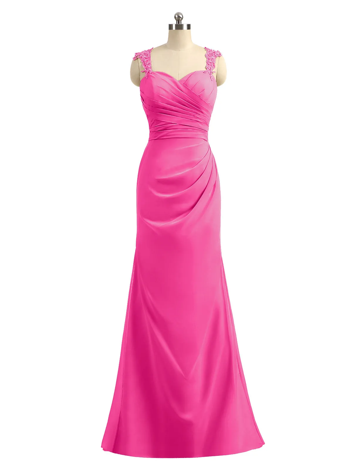 Lace Appliqued Strap Sheath Open Back Dress Fuchsia