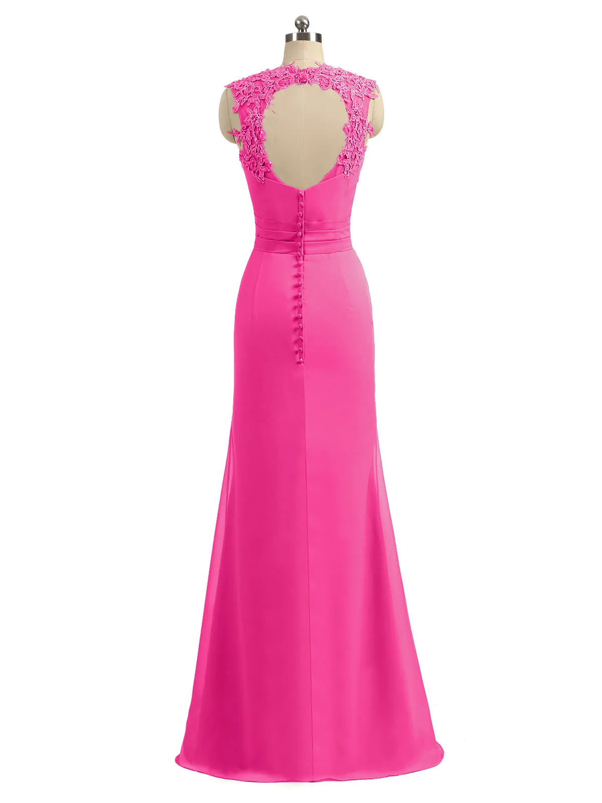 Lace Appliqued Strap Sheath Open Back Dress Fuchsia