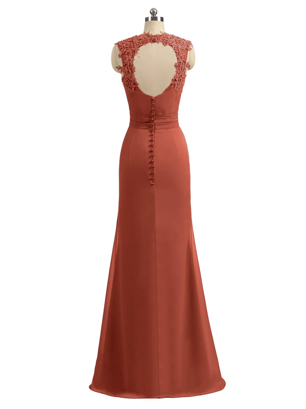 Lace Appliqued Strap Sheath Open Back Dress Rust