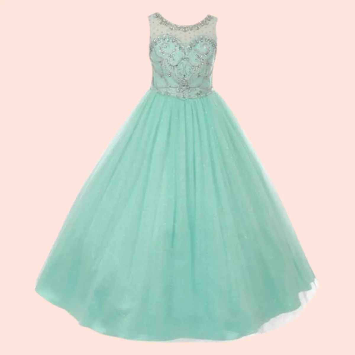 Little Girls Mint Crystal Beading Glitter Tulle Pageant Dress 4-6