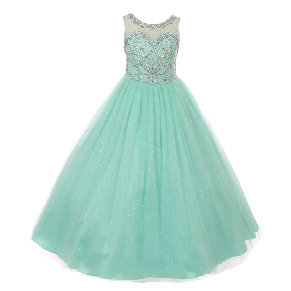 Little Girls Mint Crystal Beading Glitter Tulle Pageant Dress 4-6