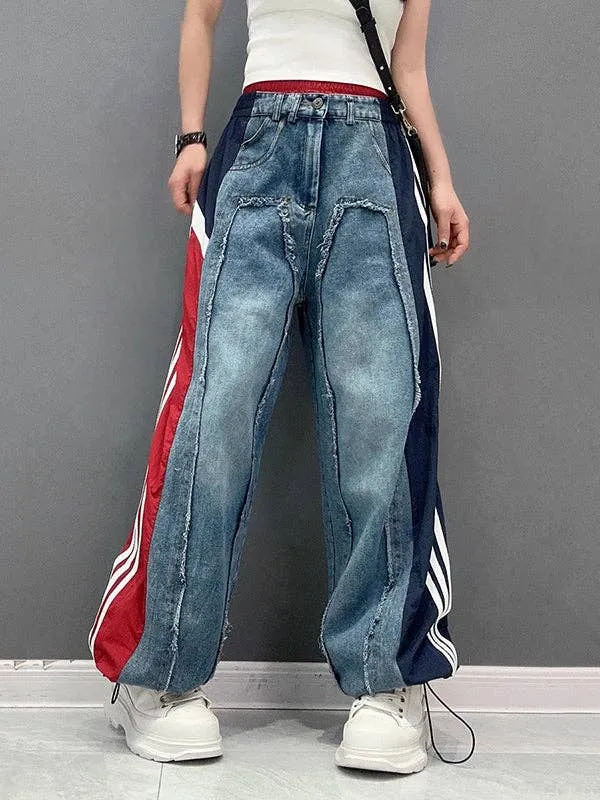 Loose Wide Leg Contrast Color Drawstring Jeans