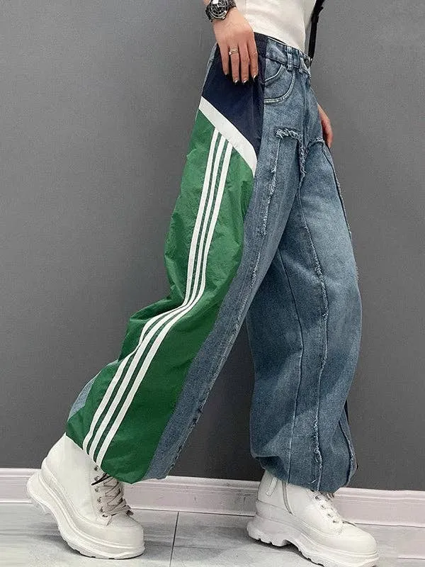 Loose Wide Leg Contrast Color Drawstring Jeans