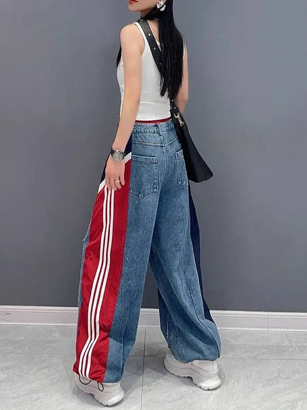 Loose Wide Leg Contrast Color Drawstring Jeans