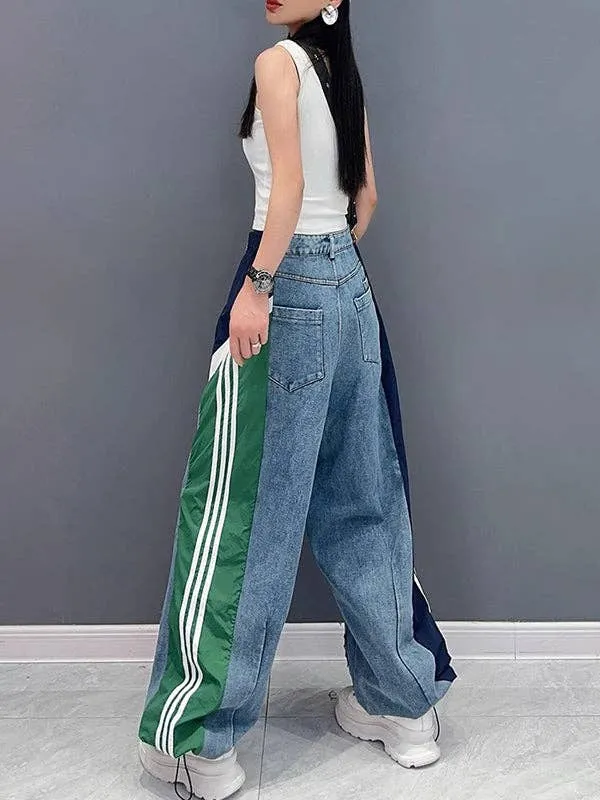 Loose Wide Leg Contrast Color Drawstring Jeans