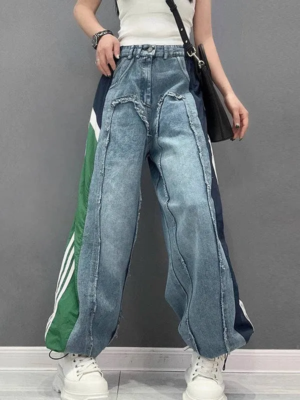 Loose Wide Leg Contrast Color Drawstring Jeans