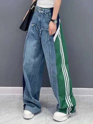 Loose Wide Leg Contrast Color Drawstring Jeans