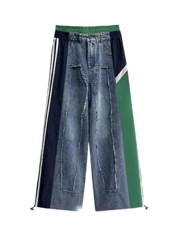 Loose Wide Leg Contrast Color Drawstring Jeans