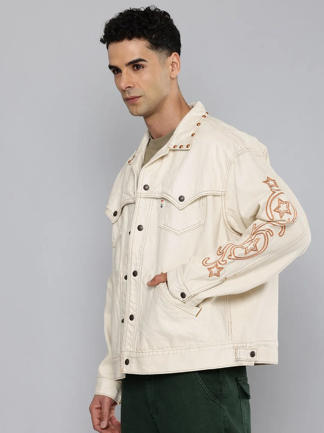 Men's Cotton Typography Embroidered Denim Jacket