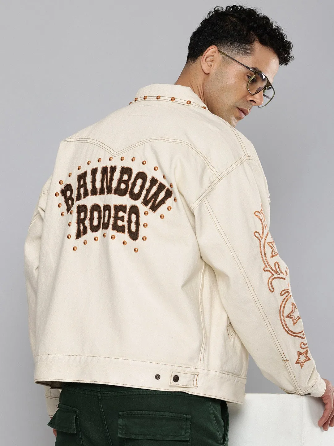 Men's Cotton Typography Embroidered Denim Jacket