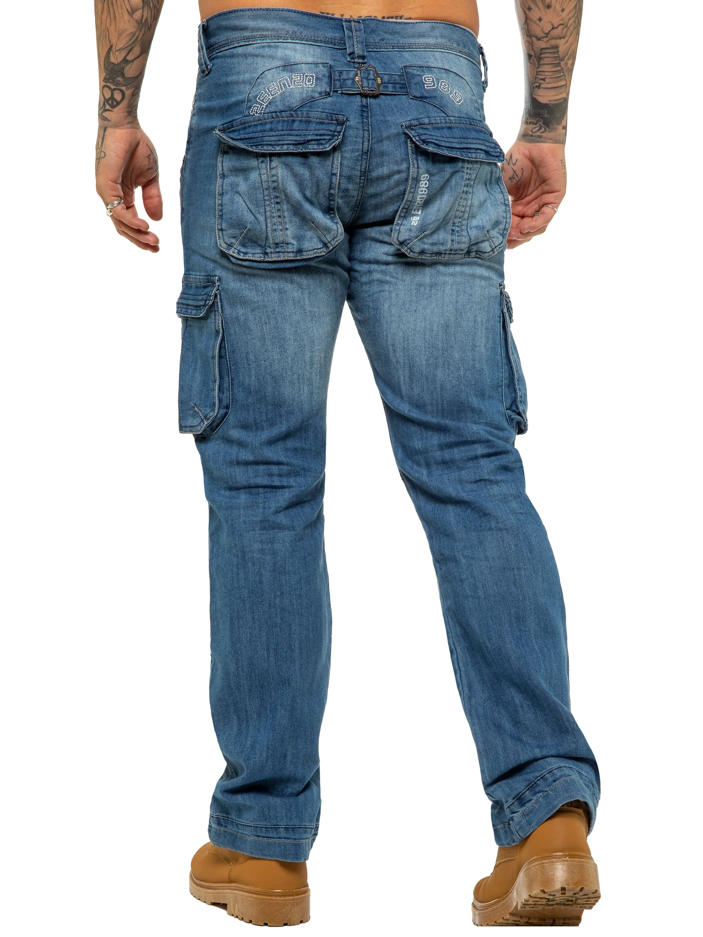 Mens Light Blue Combat Denim Jeans Mid Stonewash | Enzo Designer Menswear