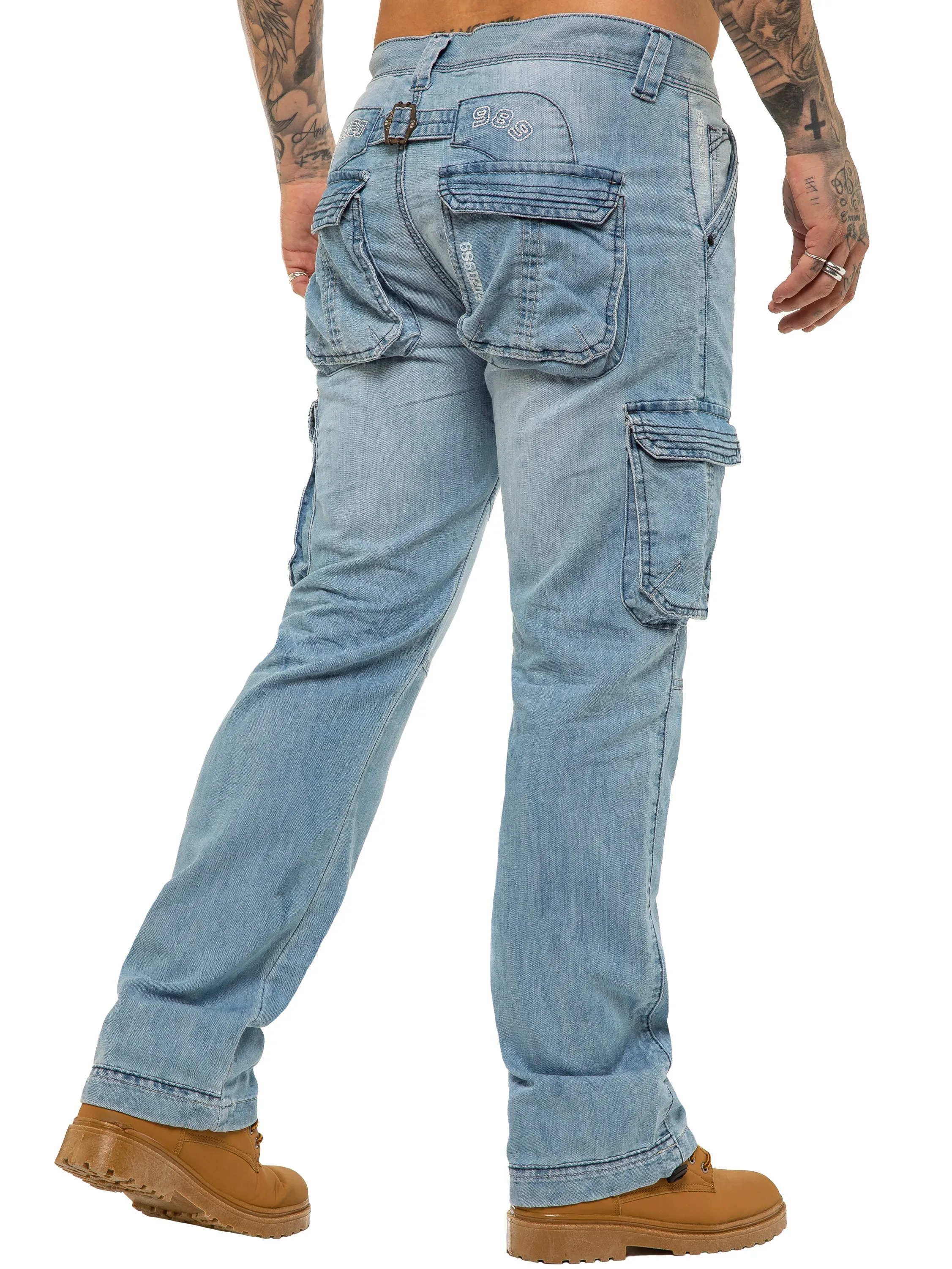 Mens Light Blue Combat Denim Jeans Mid Stonewash | Enzo Designer Menswear