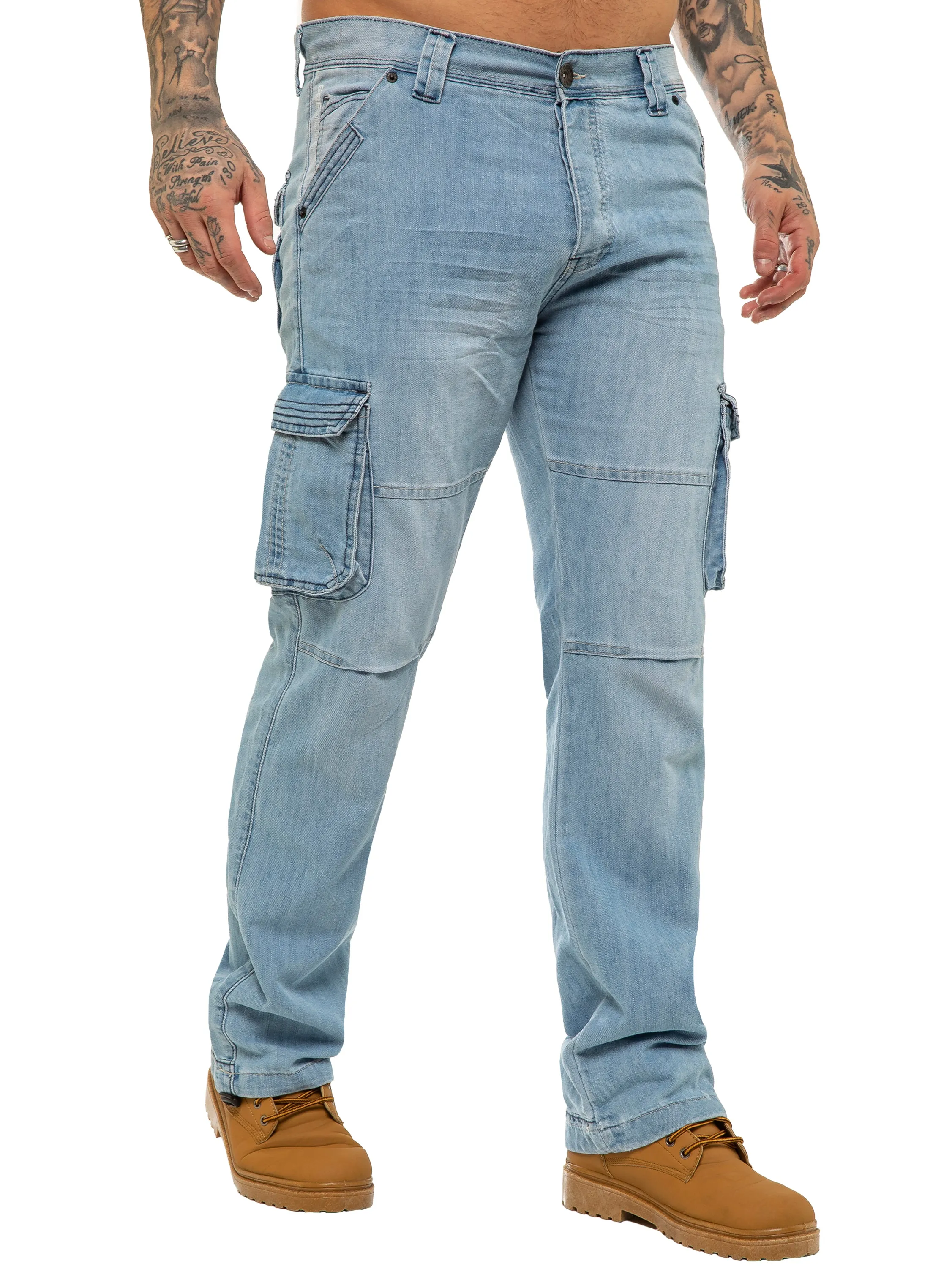 Mens Light Blue Combat Denim Jeans Mid Stonewash | Enzo Designer Menswear