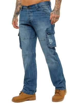 Mens Light Blue Combat Denim Jeans Mid Stonewash | Enzo Designer Menswear