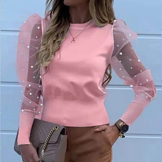 Mesh Women's Blouses Lace Puff Sleeve Fashion Elegant Shirt Summer Spring Female Solid Pearl Beaded Tops Ladies Blouse