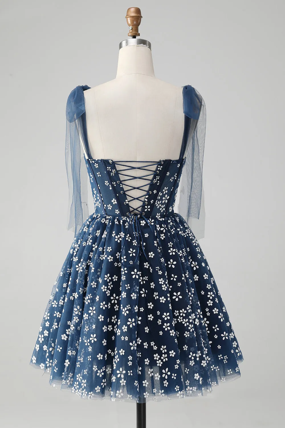 Navy A Line Spaghetti Straps Print Corset Mini Dress