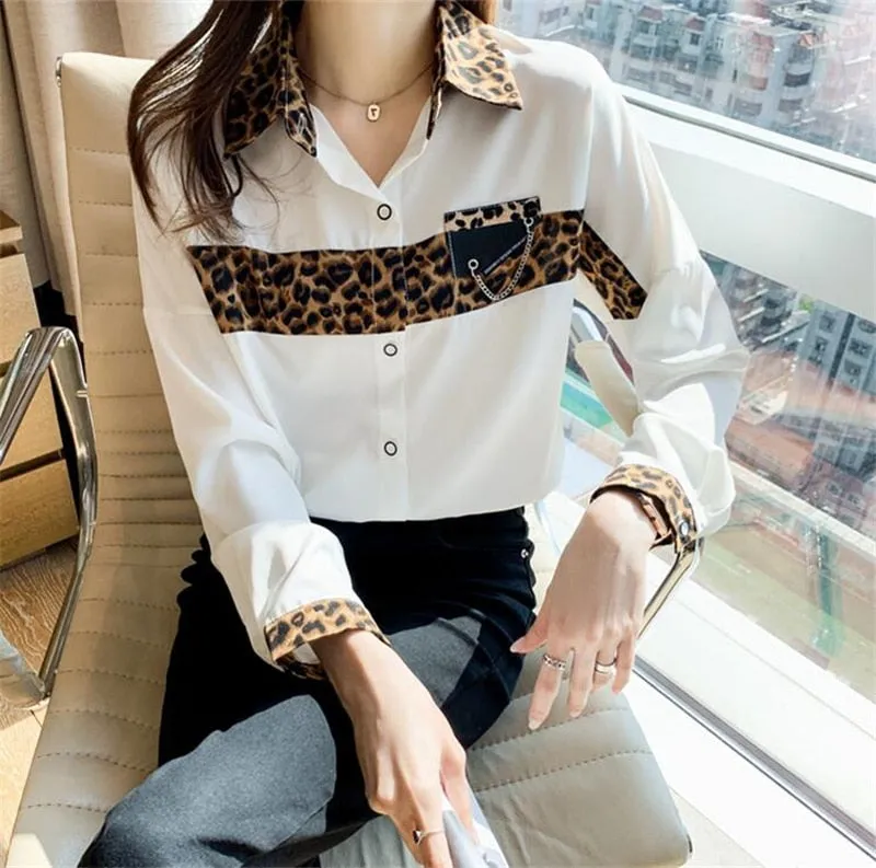 Office Lady Blouses Femme Fashion Long Sleeved Leopard Print Blusas y camisas Shirts For Women Elegant Spring Summer Tops