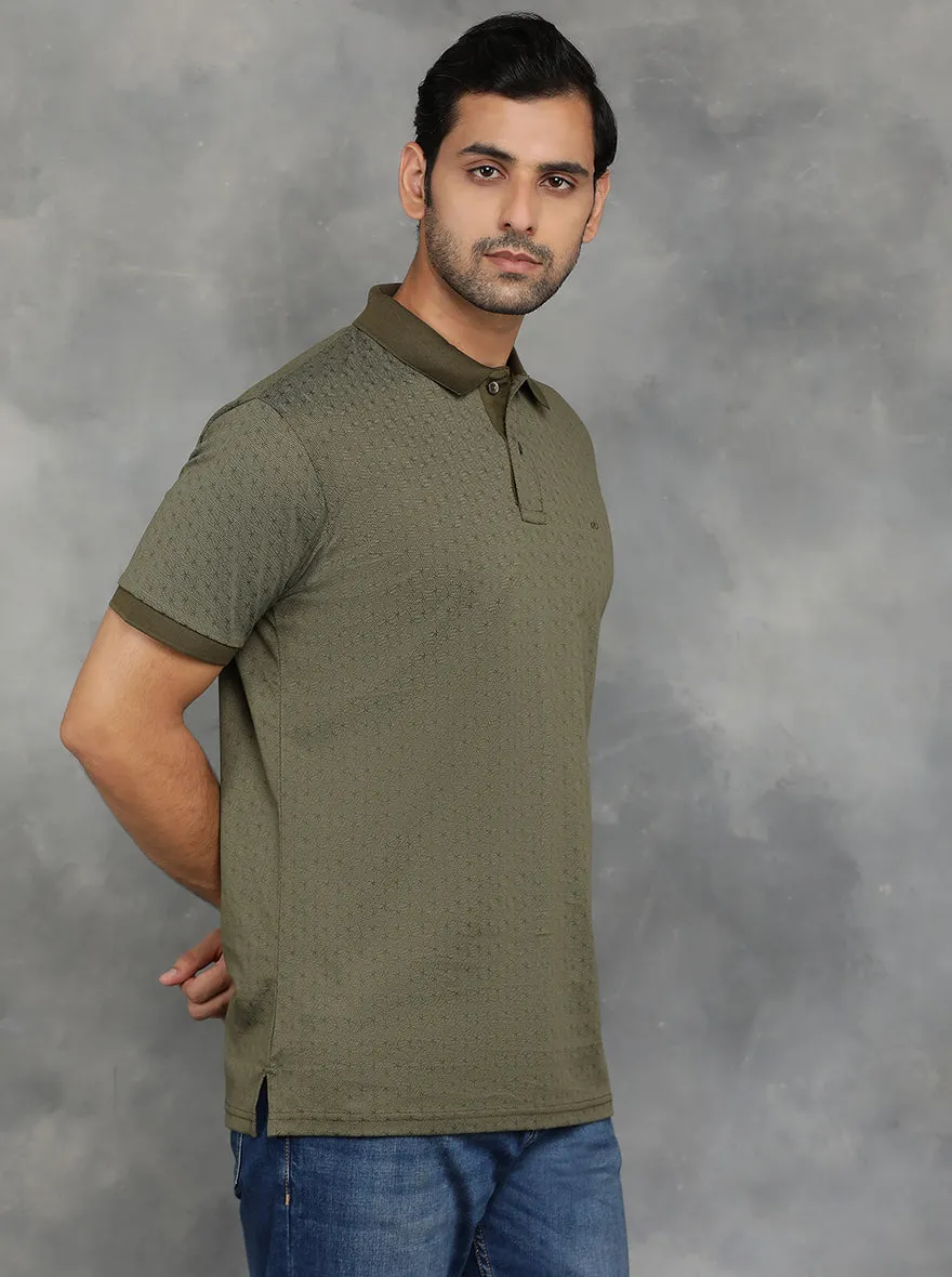 Olive Green Printed Regular Fit Polo T-Shirt | JadeBlue