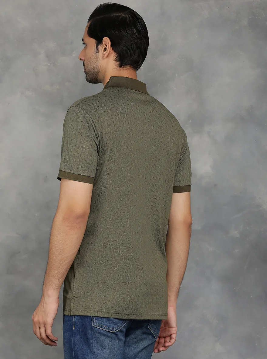 Olive Green Printed Regular Fit Polo T-Shirt | JadeBlue