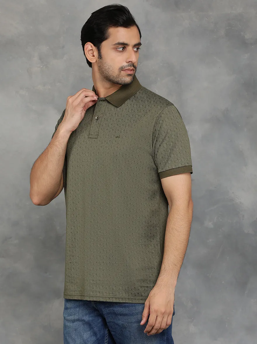 Olive Green Printed Regular Fit Polo T-Shirt | JadeBlue