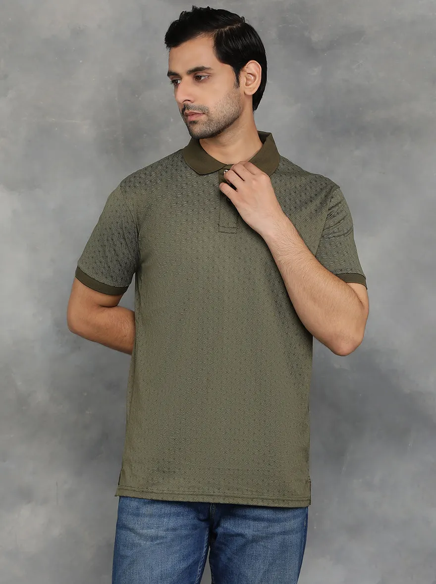 Olive Green Printed Regular Fit Polo T-Shirt | JadeBlue