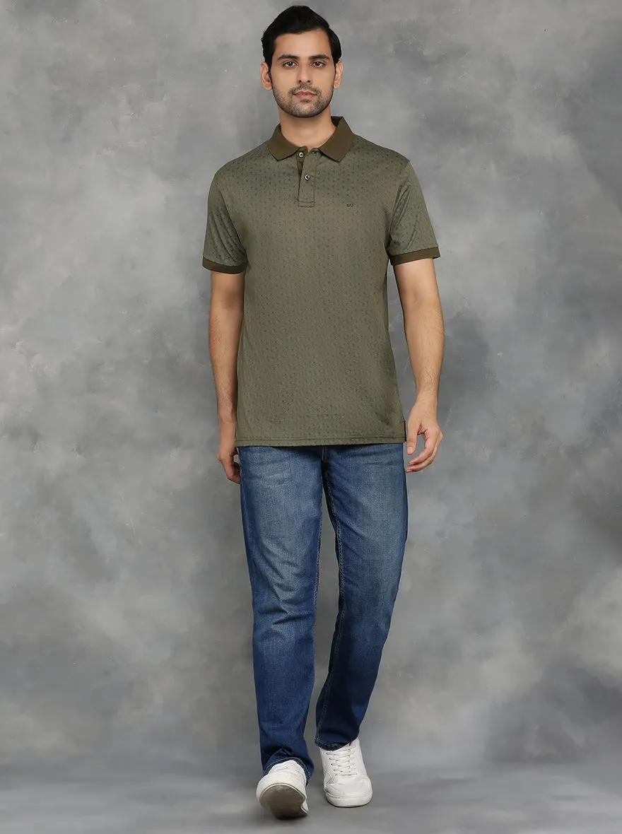 Olive Green Printed Regular Fit Polo T-Shirt | JadeBlue