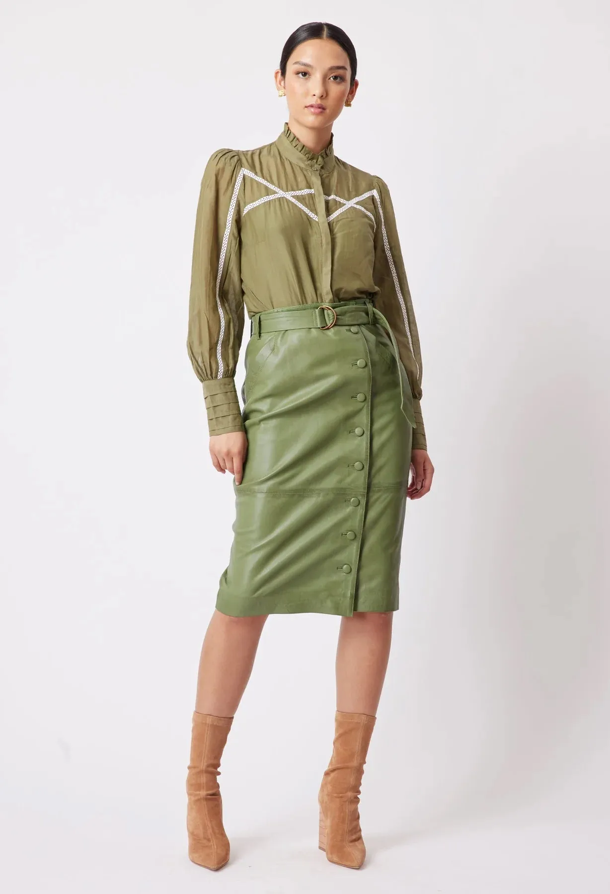 ONCE WAS TALLITHA LEATHER SKIRT IN SAGE