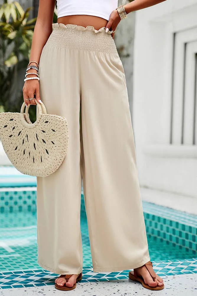 Plain Smocked Waist Wide Leg Pants