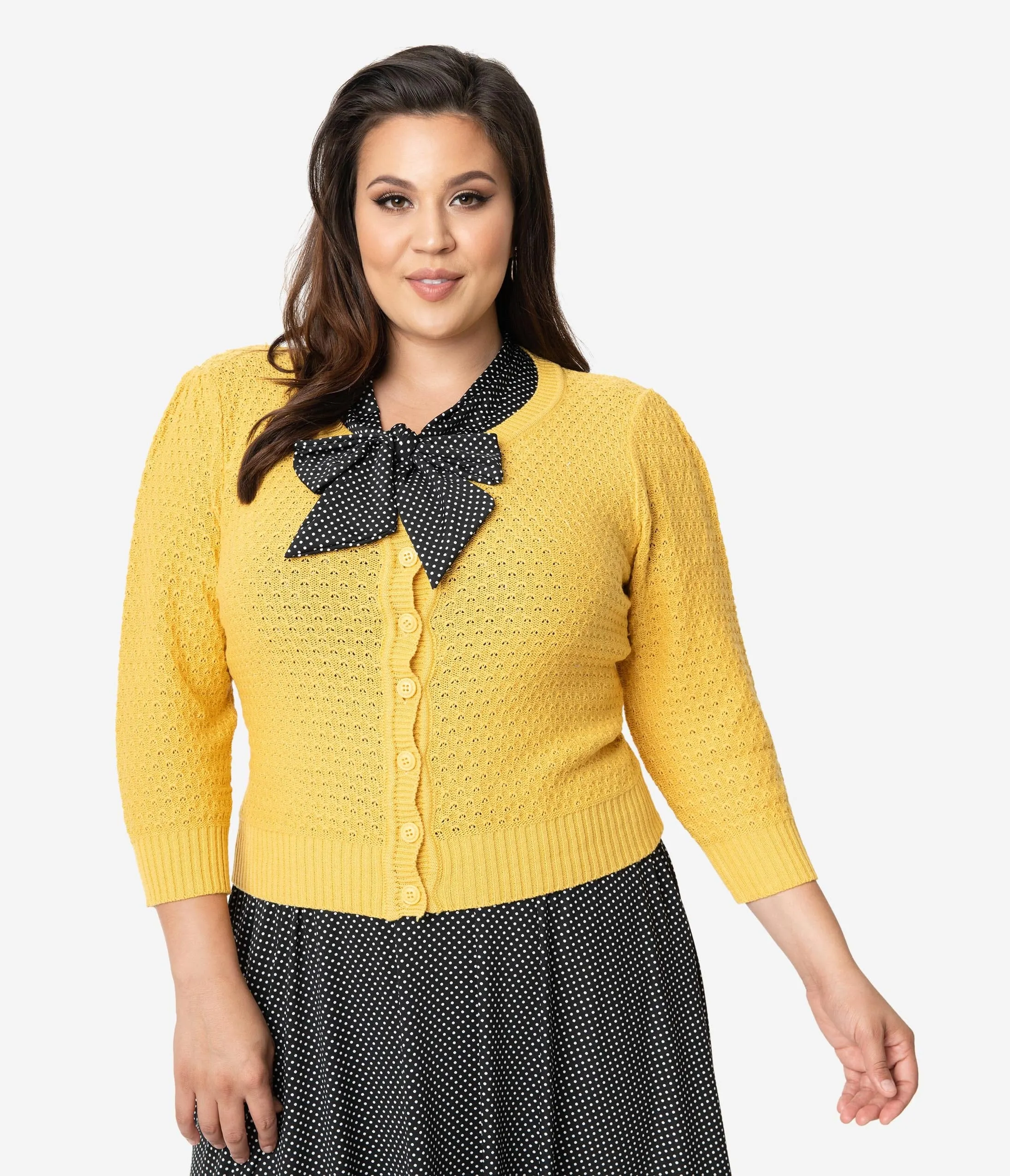 Plus Size Retro Style Honey Yellow Cotton Crochet Sleeved Button Cardigan