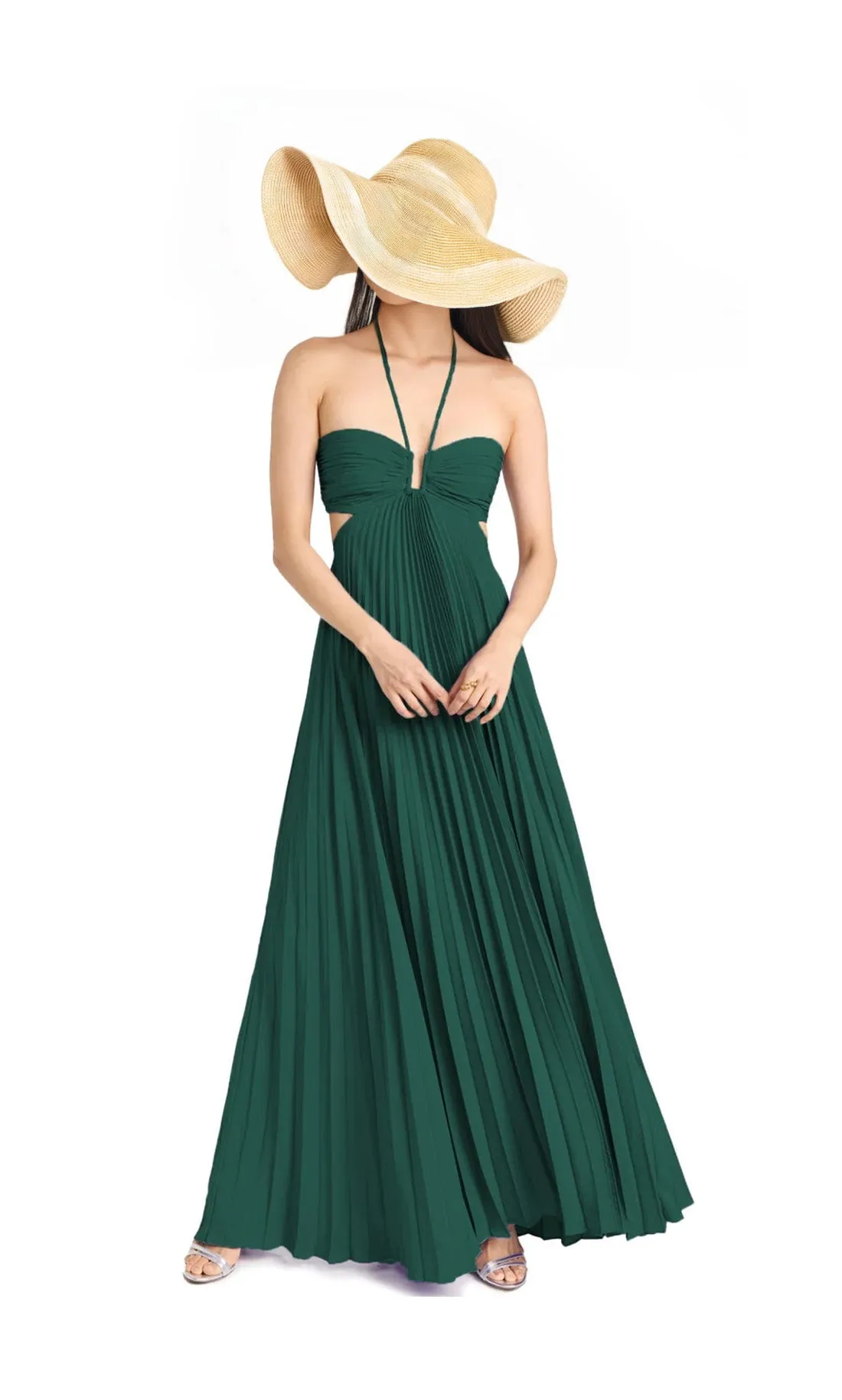 【Quinnbie】"Elegance in Pleats: Dark Green Off-the-shoulder Pleated Drawstring Dress."