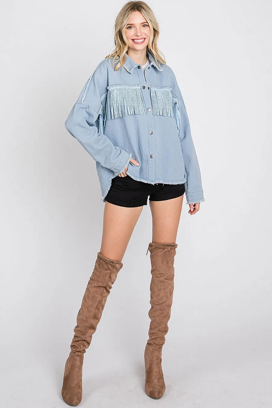 Rhinestone Fringe Detail Shirt Jacket