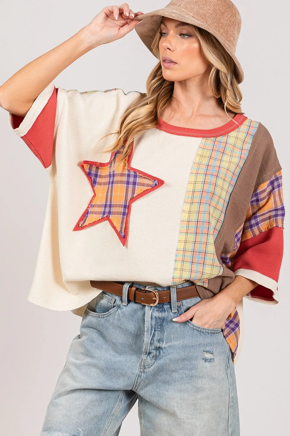 Round Neck Plaid Star Patch T-Shirt