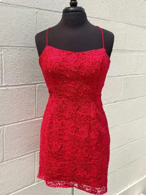 Short Backless Red Lace Prom Dresses, Open Back Short Red Lace Formal Homecoming Dresses