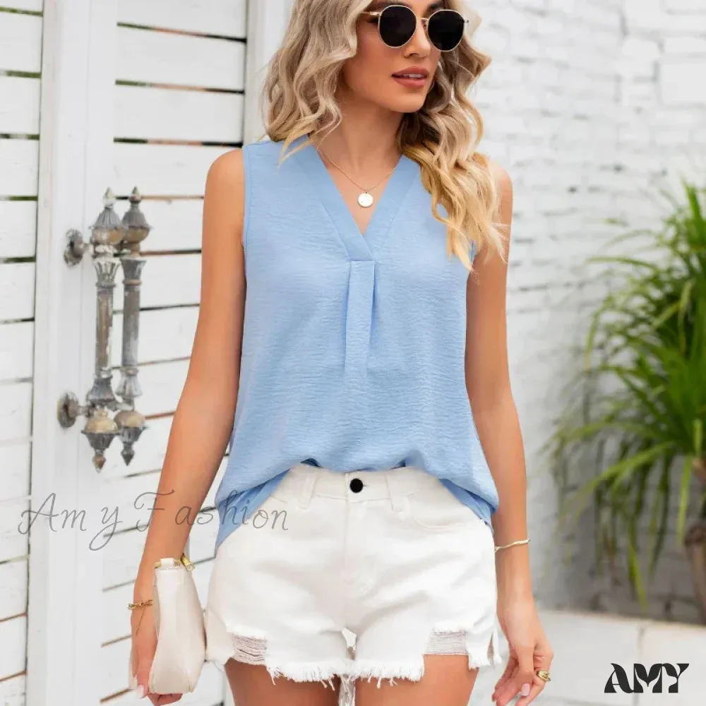 Solid Casual Loose Sleeveless Elegant Female Summer Tops Blouses