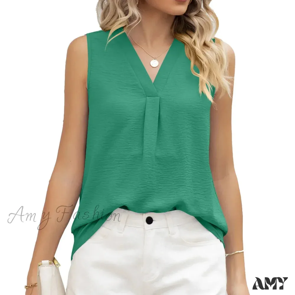 Solid Casual Loose Sleeveless Elegant Female Summer Tops Blouses