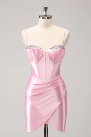 Sparkly Pink Spaghetti Straps Tight Mini Dress with Beading