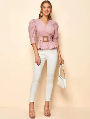 Surplice Neck Lantern Sleeve Buckle Belted Top