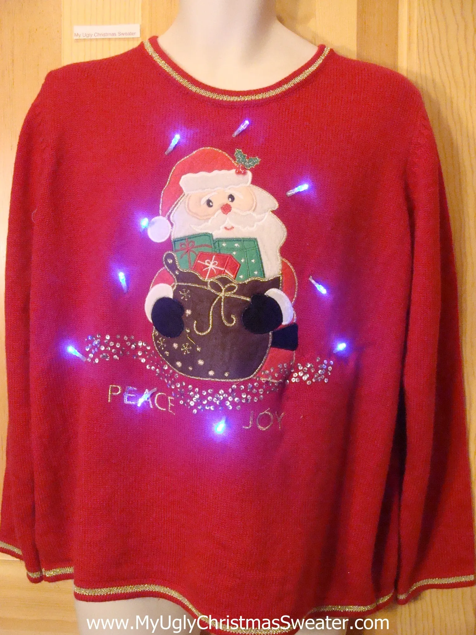 Tacky Red Light Up Christmas Sweater Santa PEACE JOY