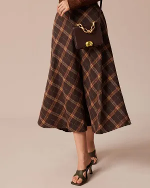 The Brown Elastic Waist Plaid A-Line Midi Skirt