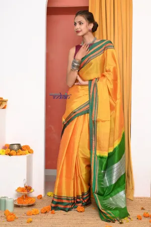 Traditional Cotton Silk Illkal Authentic Handwoven Saree,Yellow With Leaf Green Pallu