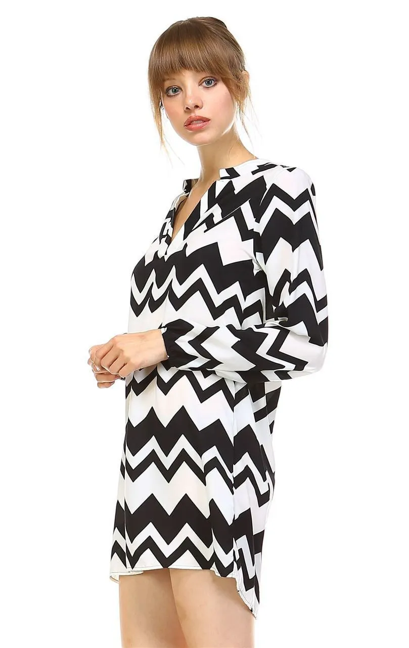 Tunic Top Blouse Black White Chevron Zigzag Black White