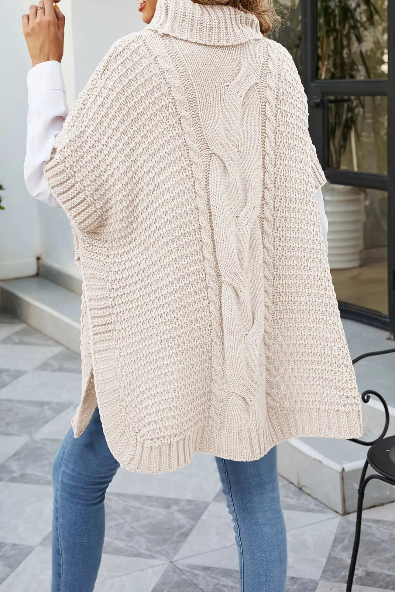 Turtleneck Cable Knit Shawl Sweater