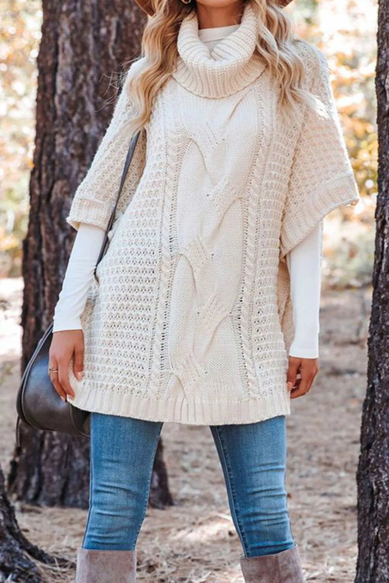 Turtleneck Cable Knit Shawl Sweater