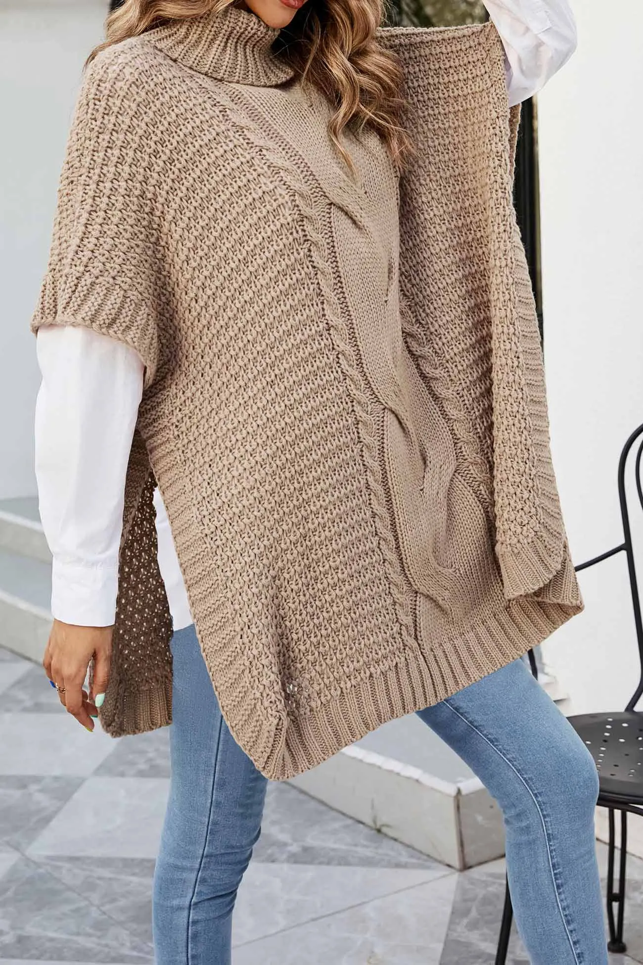 Turtleneck Cable Knit Shawl Sweater