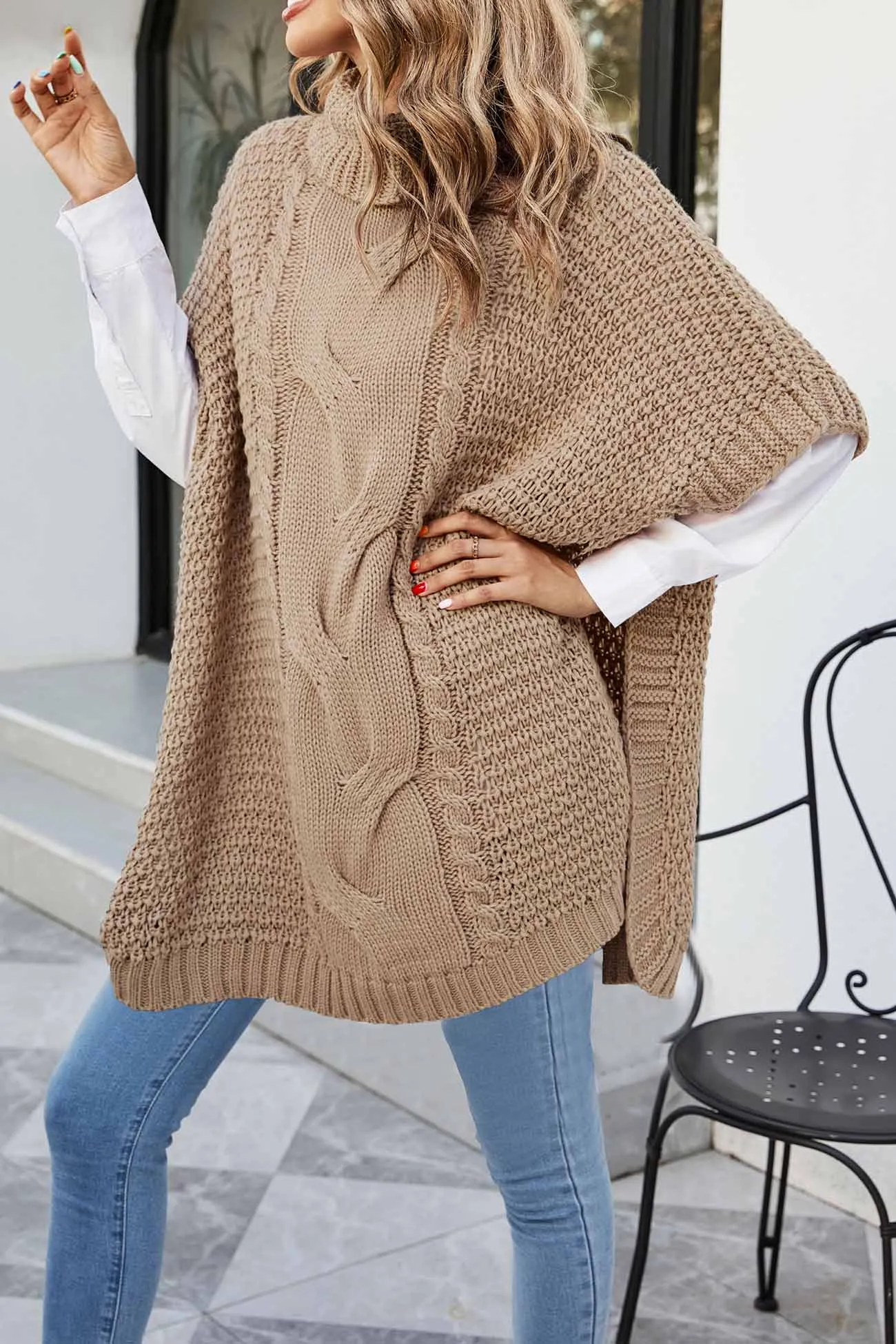 Turtleneck Cable Knit Shawl Sweater