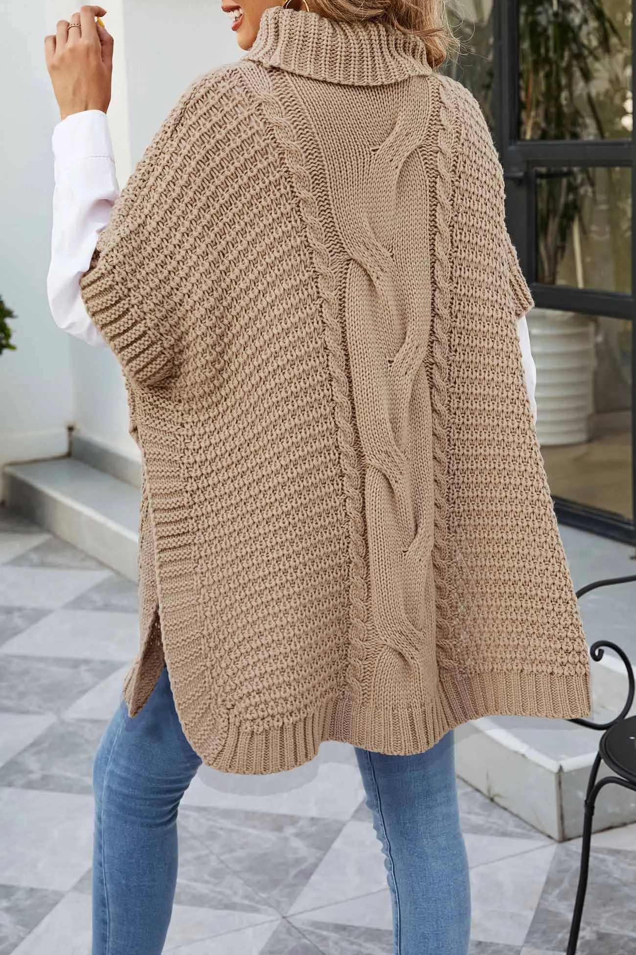 Turtleneck Cable Knit Shawl Sweater