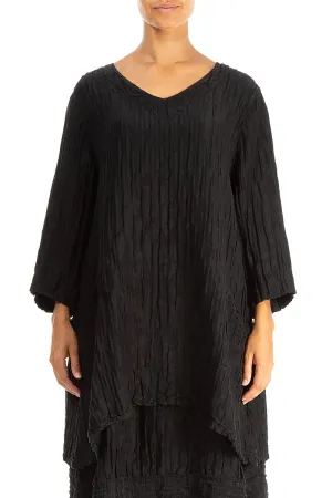 Twin Pockets Crinkled Black Silk Linen Tunic