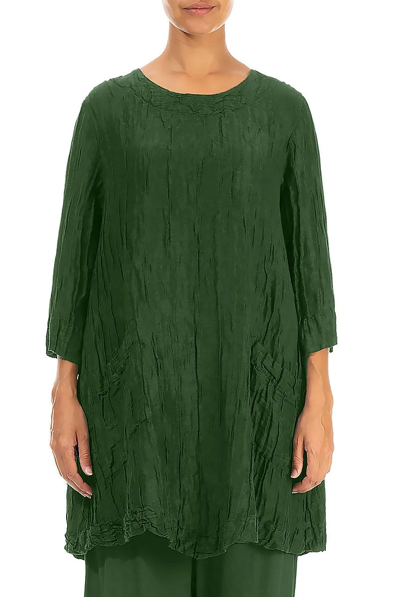 Two Pockets Pine Green Crinkled Silk Tunic