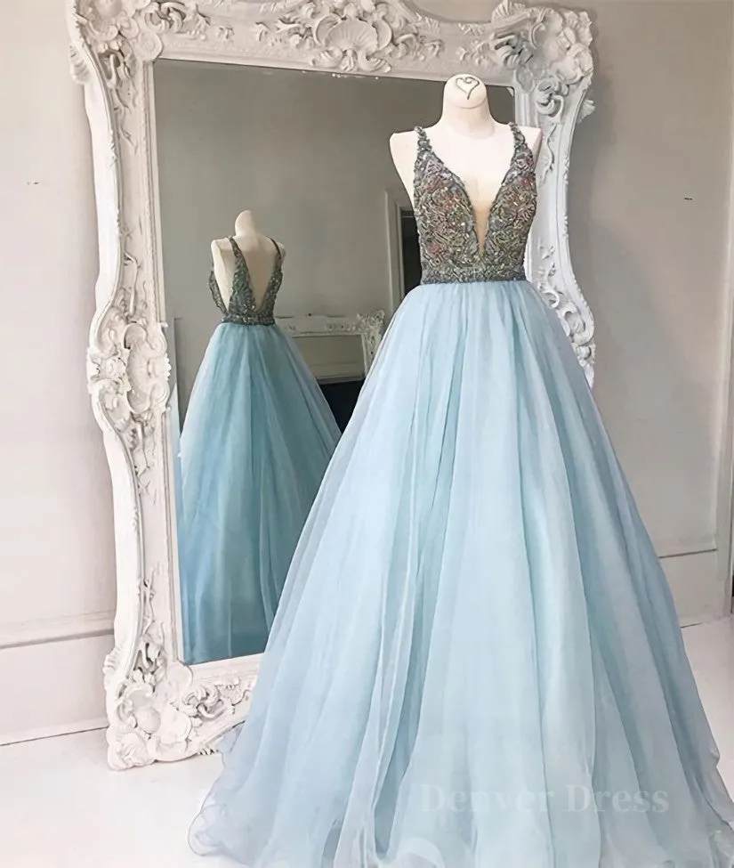 V Neck And V Back Sequin Tulle Long Blue Prom Dresses Blue Evening Dresses