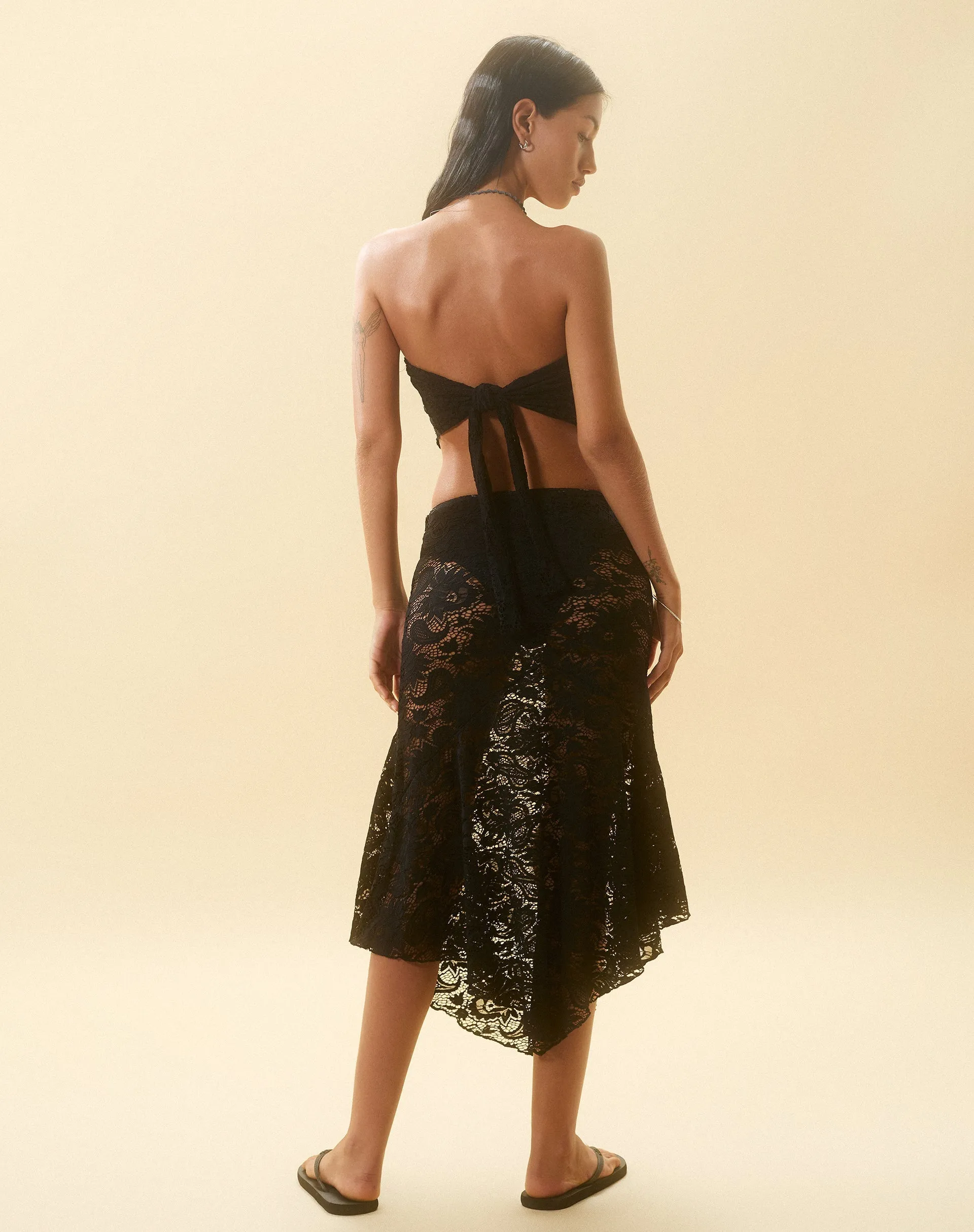 Vana Waterfall Hem Lace Midi Skirt in Jet Black